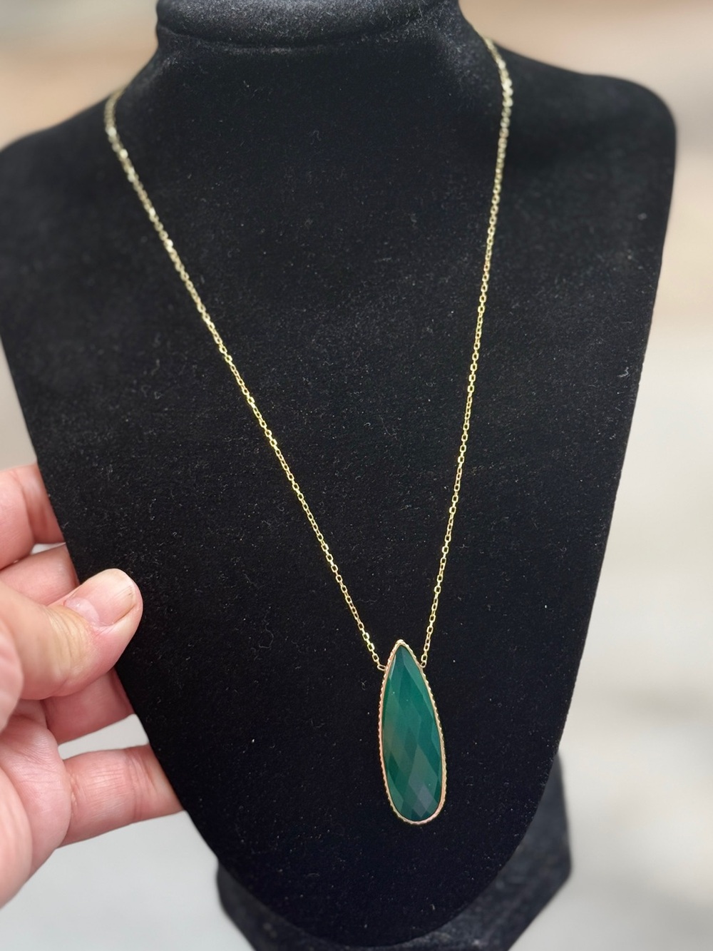 Gold Chain Necklace with Teardrop Green Stone
